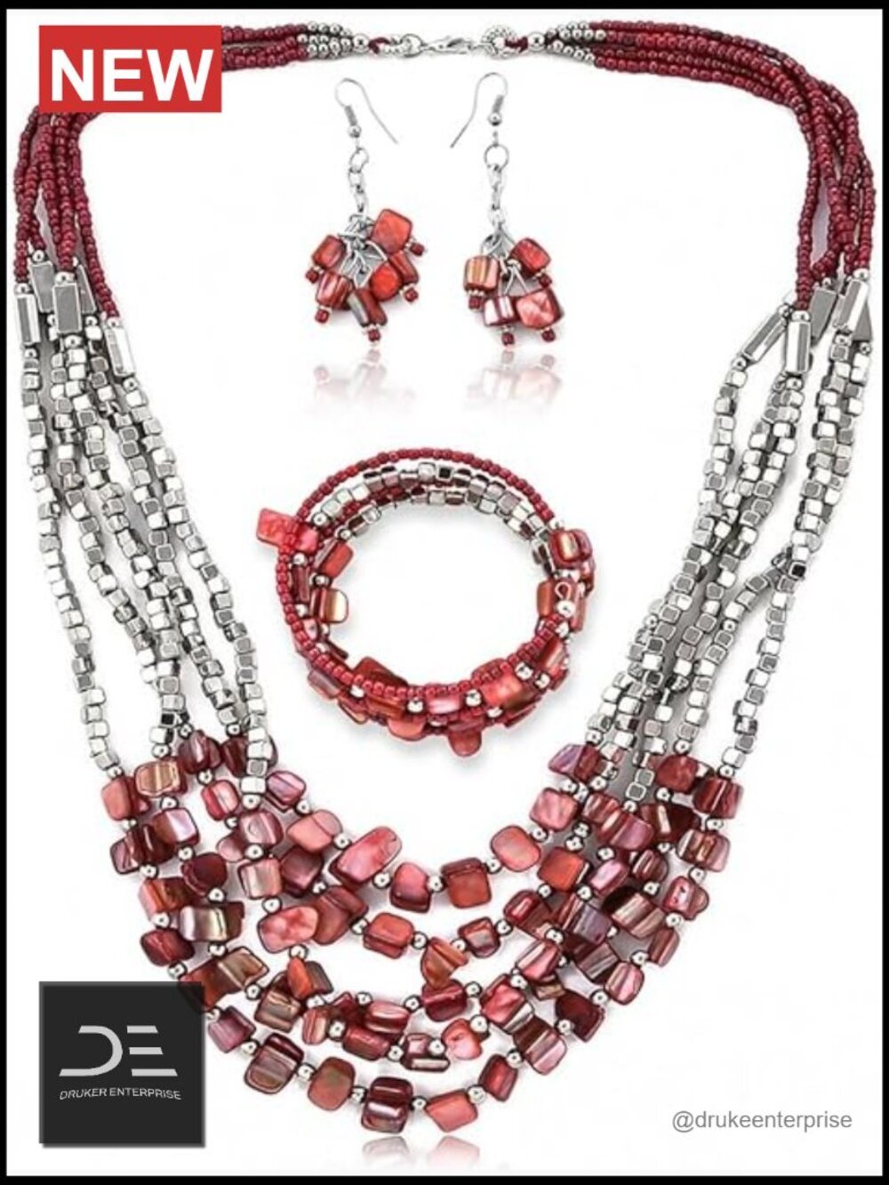 Beaded Jewelry Set - Necklace Earrings Bracelet - Stainless Steel Lobster Clasp